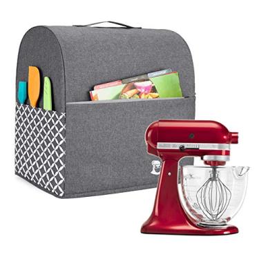 Imagem de Capa para misturador de suporte da Yarwo compatível com mixer KitchenAid, capa protetora contra poeira com alça superior e bolsos para acessórios, Gray with Grid, For 4.5 qt and All 5 qt Mixer