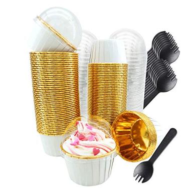 Imagem de Forros de cupcake com tampas de cúpula, pacote com 100, mini copos Free-Air de 100 ml, forros de muffin, ramequins descartáveis, formas de cupcake para festa de casamento, aniversário, com colheres
