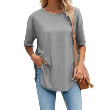 Imagem de Halife Camisetas femininas grandes de verão, gola redonda, manga curta, bainha curvada, básica, casual, solta, túnica, Cinza, G