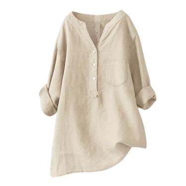 Imagem de Camiseta feminina de linho Henley Pocket Blusas Plus Size manga longa cor sólida verão túnica, Bege, XXG