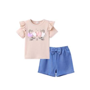 Imagem de PATPAT Conjunto de shorts de verão para meninas, camiseta de manga curta, chiffon 3D, roupas florais 2-6 anos, Aveia cáqui, 3-4 Anos