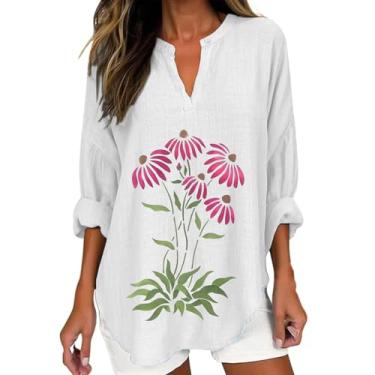 Imagem de Camiseta feminina com estampa floral de linho, manga comprida, gola V, caimento solto, casual, confortável, camisetas para sair, Branco, 5G