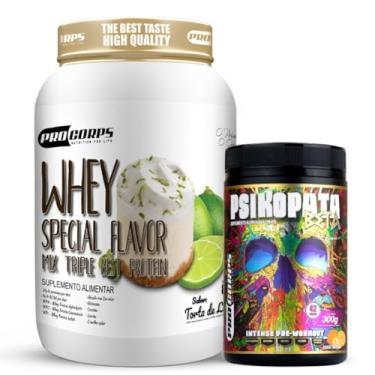 Imagem de Whey Protein 840g - 21g Proteína - Zero Açúcar + Pré Treino Psikopata Beta Tangerina 300g - Pro Corps (840g, Torta de Limão)