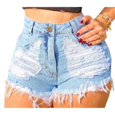 Imagem de Short Jeans Hot Pants Feminino Bermuda Cintura Alta Destroyed Desfiado