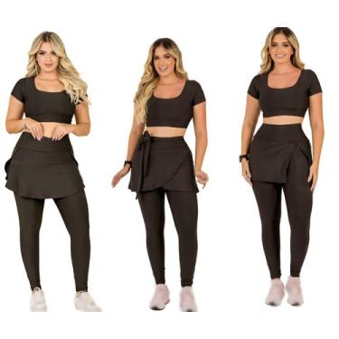 Imagem de Kit 3 Conjuntos Feminino Fitness Moda Evangélica Calça Legging Saia Co