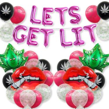 Imagem de Weed Party Decoration Balloons Pot Leaf Foil Balloon Red Lip Smoking Balloon Weed Latex Balloons Rose Red ‘Lets Get Lit’ Mylar Balloon Banner for Adult Cannabis Birthday Party 420 Party Supplies