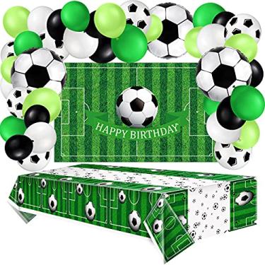 Imagem de 86 peças de decoração de festa de aniversário de futebol, inclui pano de fundo de festa de aniversário, capa de plástico para mesa de futebol e guirlanda de balões de futebol para festa de aniversário