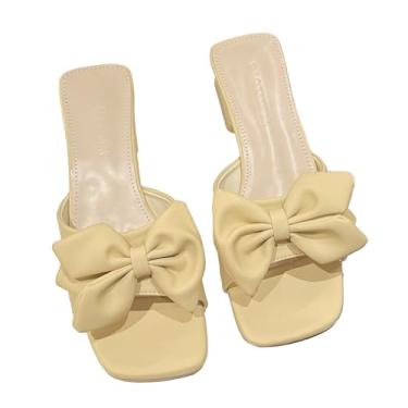 Imagem de Zeberfi Sandália feminina de salto grosso, moderna, bonita, aberta, bico quadrado, sem cadarço, salto baixo, sandálias deslizantes, sapatos de verão para vestido de casamento, Amarelo, 34