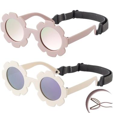 Imagem de KamQen 2 peças de óculos de sol para bebês com flores redondas flexíveis e polarizadas com alça ajustável para bebês de 0 a 24 meses, A2 rosa/rosa espelhado + branco/roxo espelhado, Flower