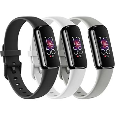 Imagem de Pacote com 3 pulseiras Fitbit Luxe – Pulseira de substituição de silicone macio para mulheres e homens, compatível com monitor fitness de luxo/edição especial, grande, preto + branco + cinza