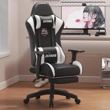 Imagem de Cadeira gamer com apoio para os pés e com apoio de braço 3D, ajuste de altura de assento reclinável com encosto de cabeça e lombar, ajuste de inclinação (Preto e Branco)