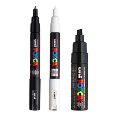 Imagem de Kit 3 Caneta Posca PC1M Preta. PC1M Branca. PC8K Preta - Uni