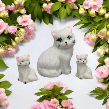 Imagem de Estatueta Familia de Gato em Miniatura de Ceramica 3 peças - Decore Ca