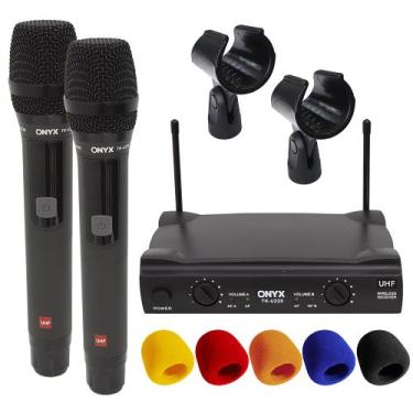 Imagem de Kit Microfone sem Fio Duplo TK U220 UHF com 2 Suportes B18A e Espuma O