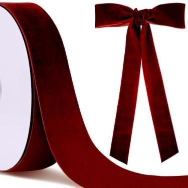 Imagem de Fita de veludo vermelha de 25 metros de 5 cm de tecido vintage para embrulho de presente para decoração de guirlanda de Natal (vermelha)