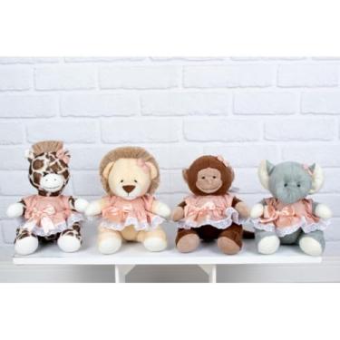 Imagem de Safari de Pelúcias, Vestidos com Lese, Conjunto de 4, Girafa, Leão, Macaco e Elefante 15 cm (Vestido com lese salmão liso)