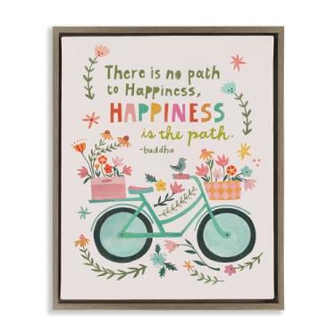 Imagem de Stupell Industries Happiness Is The Path Framed Floater Canvas Wall Art Design por Irene Chan, moldura flutuante marrom, 63 x 78 cm