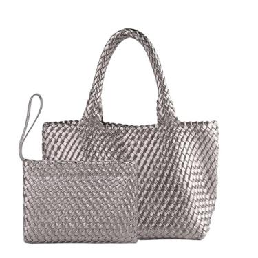 Imagem de SporGenius Sacola de tecido para mulheres, bolsa de couro vegano feita à mão com pequena bolsa feita à mão, bolsa grande trançada com alça superior, Prata - 1, Large, Sacola moderna de tecido