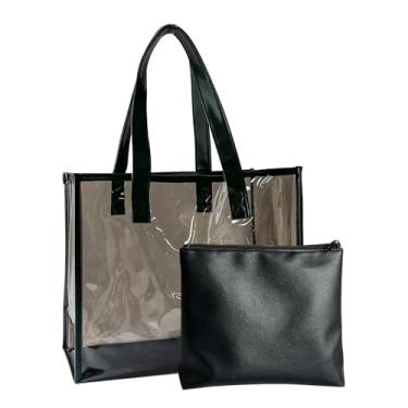 Imagem de TotePrint Sacola de PVC preta com embalagem na banda, conjunto de bolsa de praia de PVC transparente com alças de couro para viagens de estádio de trabalho, Preto, Large