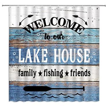 Imagem de KDYDK Cortina de chuveiro rústica para cabana de lago com citações inspiradoras para acampamento, casa de fazenda, vintage, madeira, porta de celeiro, decoração rural, cortina de banheiro com gancho