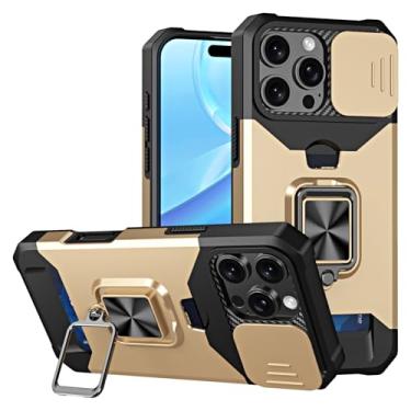 Imagem de POYUFRG Capa antiqueda para iPhone 16 Pro Max/16 Pro/16 Plus/16, capa de proteção de lente deslizante com compartimento para cartão, suporte de sucção magnética de veículo, dourado, 16