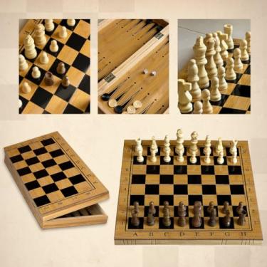 Imagem de Jogo de Xadrez 3 em 1 com Dama e Gamão, Peças Envernizadas, 34x34cm, Estilo Estojo Clássico Profissional Luxo com Fecho Magnético Peças Envernizadas, Tabuleiro Portátil Organizado.