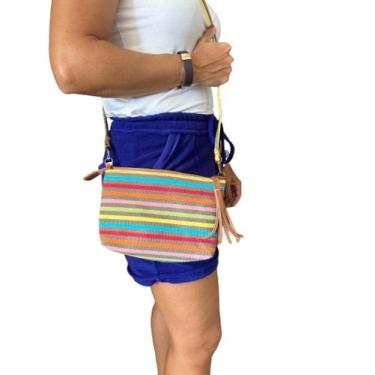 Imagem de Bolsa transversal lona listras alça removível com tecel em couro - Boa