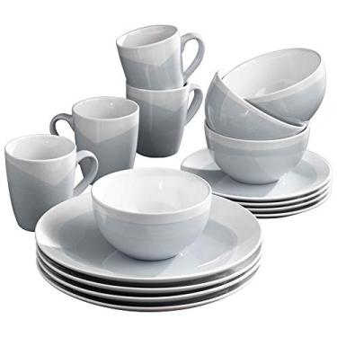 Imagem de American Atelier Conjunto de louça Oasis de 16 peças de festa de porcelana - 4 pratos de jantar e 4 pratos de salada, 4 tigelas, 4 canecas - presente para ocasiões especiais ou aniversário, cinza/azul