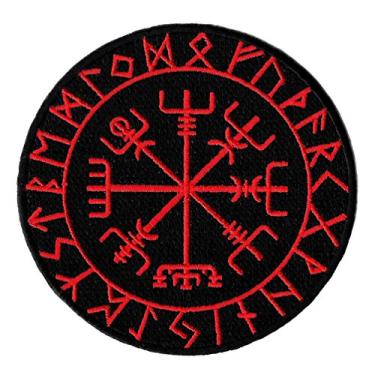 Imagem de Bússola Viking Bordado Preto Vermelho Vegvísir Guia Marinho Norueguês