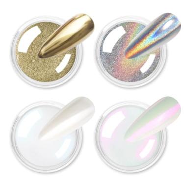Imagem de Allstarry Pó cromado para unhas, 4 peças, pigmento cromado pérola branca iridescente, holográfico, purpurina, pó, pigmento metálico com efeito espelhado para unhas em gel, manicure, faça você mesmo em