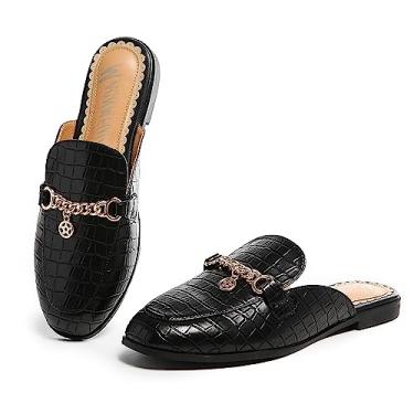 Imagem de MACNMEUU Mules para mulheres, bico redondo, sem costas, sem costas, confortável, sem cadarço, mocassins com corrente, Padrão de pedra preto, 6