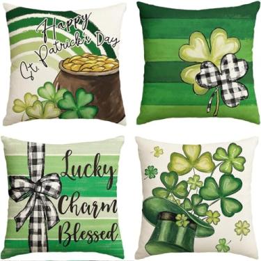 Imagem de Alluckia Capas de almofada Happy St. Patrick's Day 45,7 x 45,7 cm 4 peças trevo verde boa sorte chapéu duende Pinch Me Farmhouse fronhas decoração de almofada de sofá para casa (verde, 45 x 46 cm)