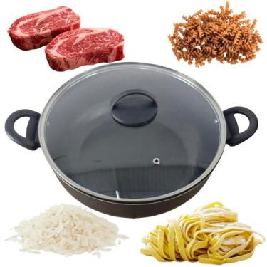 Imagem de Frigideira Wok 28 Caçarola Grande Paella Teflon Tampa Vidro Para Yakis