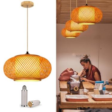Imagem de YIIZON Luminária Pendente Com Abajur De Bambu Trançado À Mão Luminárias Suspensas Boho Vime Rattan Luzes De Teto Para Sala De Jantar Cozinha Sala De Estar Ilha Quarto