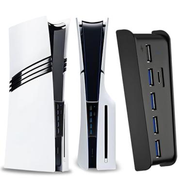 Imagem de Hub USB de 6 portas para PS5 Pro e PS5 Slim Console Disc/Digital, portas USB extra de alta velocidade para acessórios PS5 Slim Pro, adaptador divisor de carregador de hub PS5 com 4 USB 2.0 + 1 porta