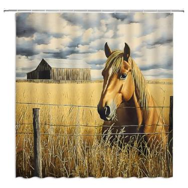 Imagem de MUENKKCS Cortina de chuveiro de cavalo ocidental vintage sudoeste animal rústico casa de fazenda celeiro vida selvagem cerca de madeira cerca de madeira decoração de banheiro cortinas de poliéster com