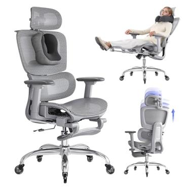 Imagem de LarkLeaves Cadeira de Escritório com Descanso para os Pés, Cadeira Ergonômica com Travesseiro para Pescoço e Rodas de Borracha, Cadeira Gamer com Encosto Ajustável e Apoios de Braço 3D, Cinza