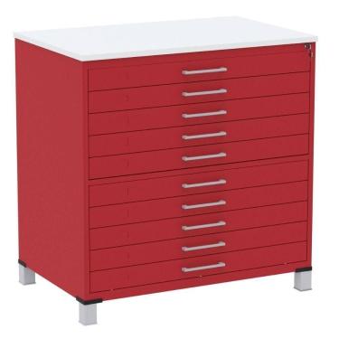 Imagem de Mapoteca 10 Gavetas Pandin 120 Cm (larg) Inmetro Tampo Mdp Branco Estrutura E Gaveta Em Aço Vermelho