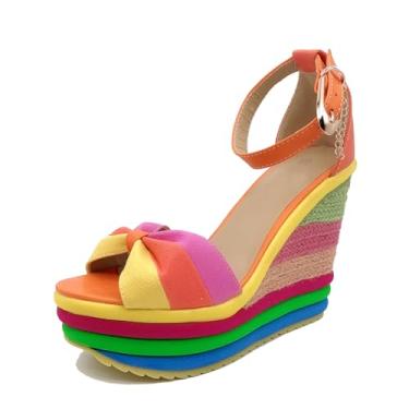 Imagem de Sandálias femininas plataforma alpargatas coloridas salto plataforma sandália com tira no tornozelo, Lona/laranja, 38
