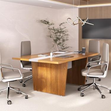 Imagem de Mesa de Reunião Modular para Escritório em Tamburato 50mm com Caixa de Tomada e Tampo em Tamburato - Y37 Artany Freijó com Branco