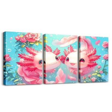 Imagem de jejeloiu Linda imagem axolotl decoração de parede para decoração de casa 30,5 cm x 40,6 cm 3 peças de desenho animado salamandra decoração de escritório pôsteres kawaii oceano vida marinha arte de