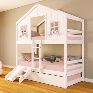 Imagem de Treliche Casinha dos Sonhos com Escada/ Escorregador Madeira Maciça Branco/ Rosa Housin