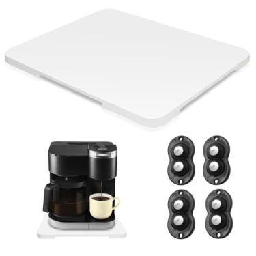 Imagem de Bandeja deslizante de 360° para cafeteira de bambu - Bandeja deslizante de bambu com rotação de bancada com rodas, tapete de pequenos eletrodomésticos facilmente sob o armário branco (13,9" × 11,15 cm