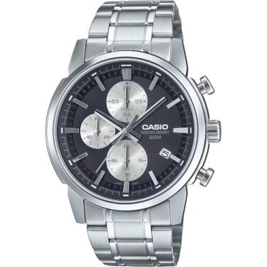 Imagem de Casio MTP-E510D-1A2V Relógio masculino padrão de aço inoxidável com mostrador preto 50 m cronógrafo esportivo, Preto, Cronógrafo
