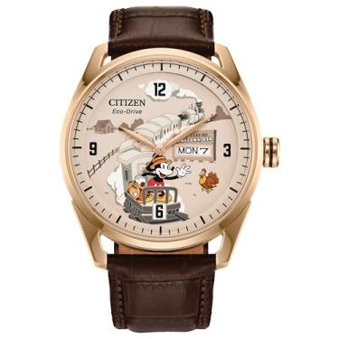 Imagem de Citizen Relógio masculino Eco-Drive Hometown Mickey Mouse, pulseira de couro marrom, caixa de aço inoxidável dourado (modelo: AW0088-04W), Tom de ouro rosa, Clássico