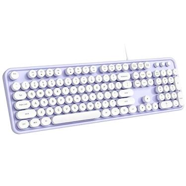 Imagem de Dilter Teclado com fio, 104 teclas, teclados de máquina de escrever, teclado USB Plug and Play Office com teclado numérico, indicadores de tampas, suportes dobráveis para Windows, PC, laptop, desktop (roxo-branco)