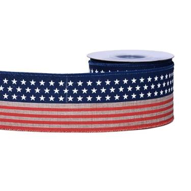 Imagem de YAMA Fita patriótica com fio 1 rolo 10 jardas, 6,3 cm vermelho, branco e azul, estrelas do Dia da Independência para embrulho de presente laços de guirlanda artesanato DIY