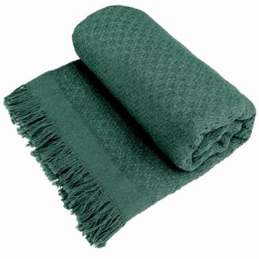 Imagem de Decolab Manta para Sofá em Algodão com Franjas Artesanais | Cobertor Decorativo para Sofa, Poltrona e Cama | Estilo Boho Chic (Verde-musgo)
