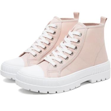 Imagem de Rominz Tênis feminino com plataforma branca, moderno, cano alto, tênis de lona com cadarço preto e plataforma casual, Bege, 38