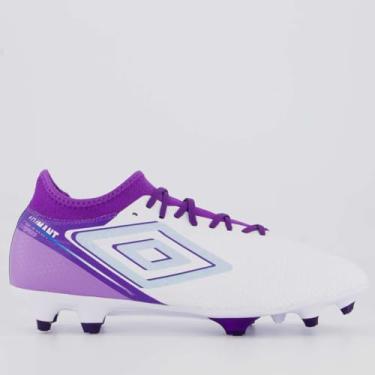 Imagem de Chuteira Umbro Adamant Top Speed Premier Campo Branca e Roxa